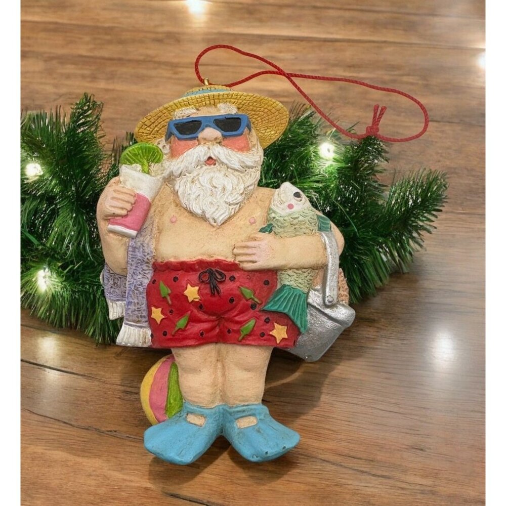 Vintage Beach Ready Santa Claus Christmas Tree Ornament Sunglasses Swimsuit